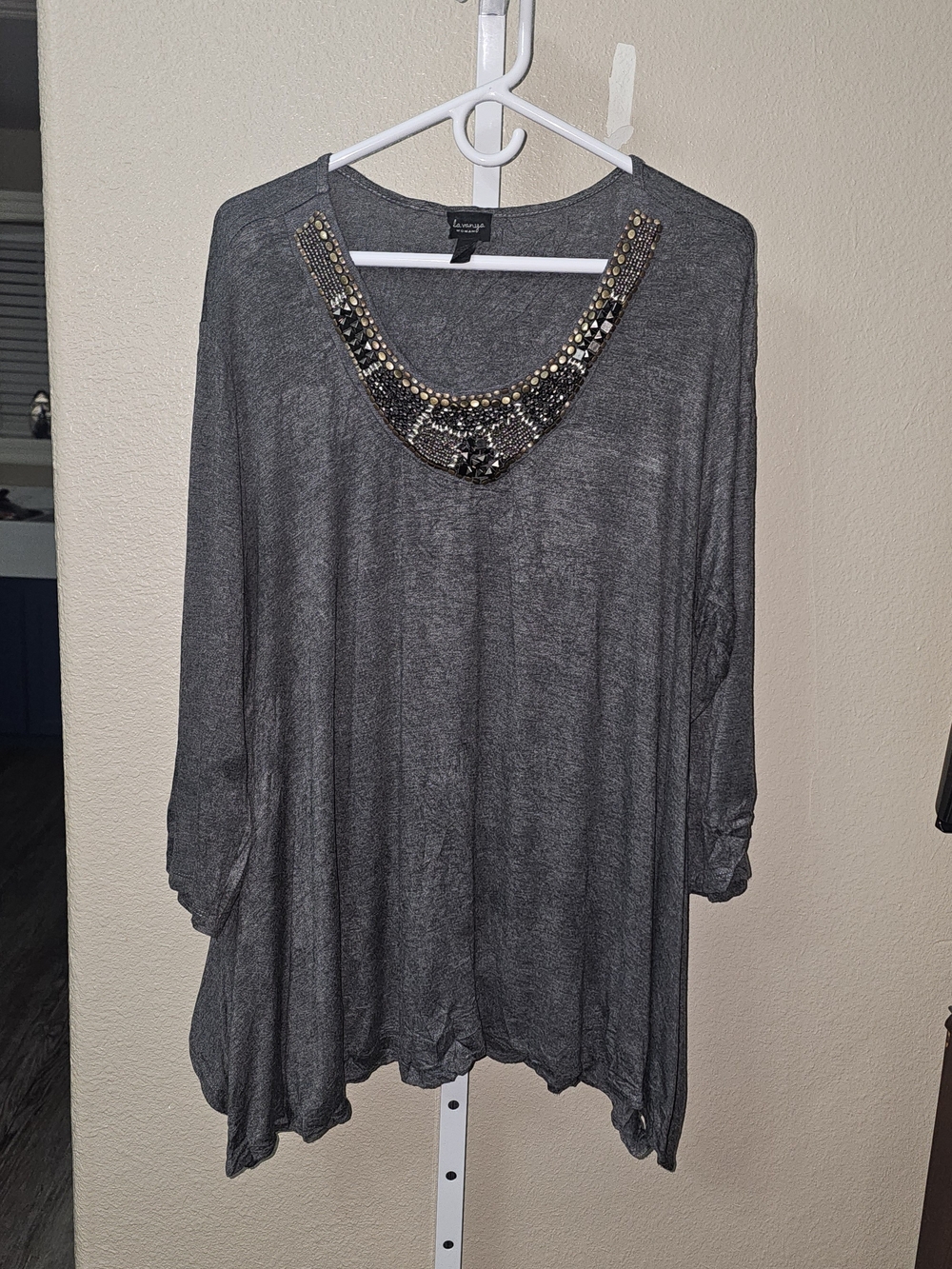 Beaded Scoop-Neck Charcoal Gray Tunic - Lightweight Women's Blouse